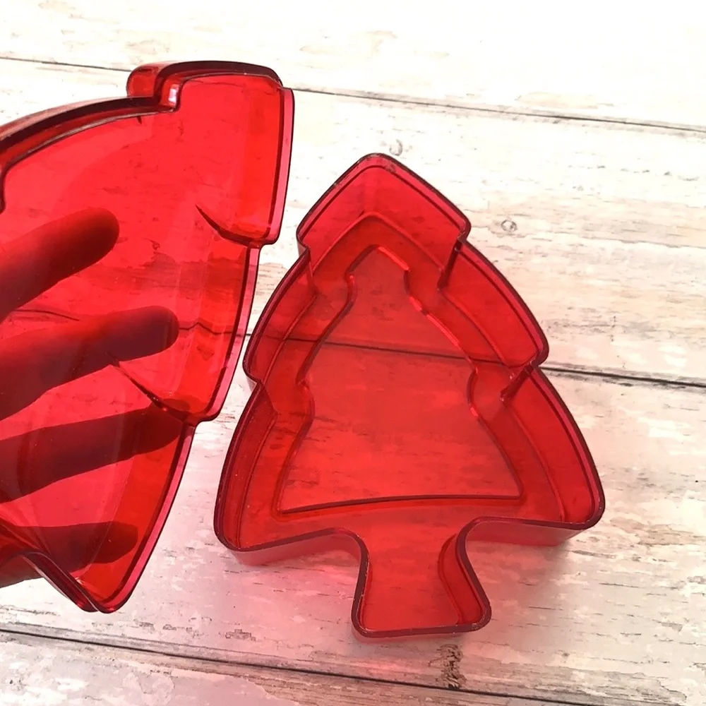 Red Christmas Holiday Trees Candy Dishes Storage See Through Containers Set of 2